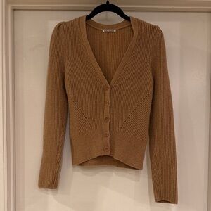 Reformation Camel Ribbed V-Neck Button Cardigan